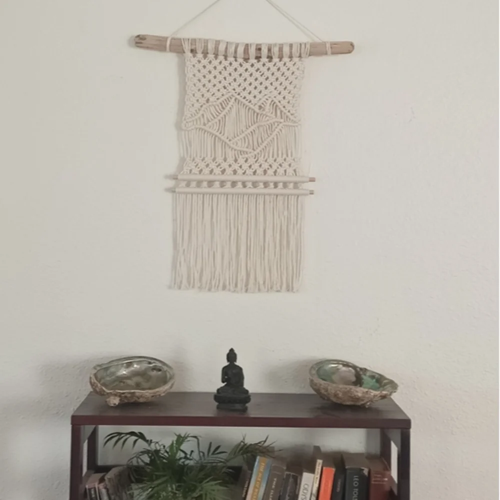 Handmade Macrame wall hanging Mountain scene on driftwood